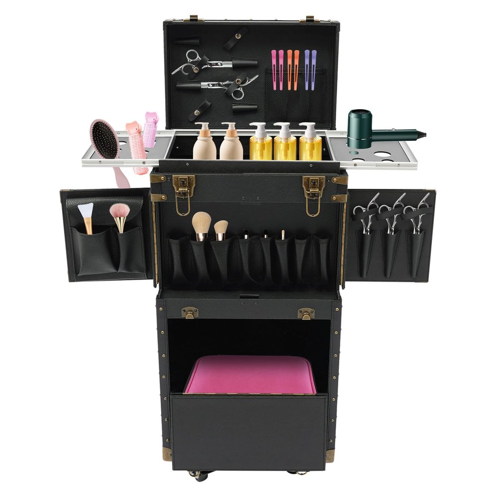 32.28inch Beauty Salon Luggage, Hairdressing Case, Retro Train Case, Large Capacity Hairdressing Trolley, for Manicurists, Hairstylists, Beauticians, Black