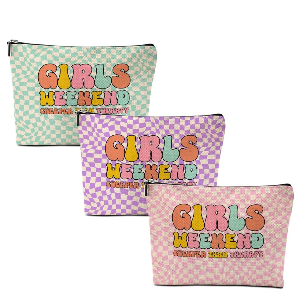 3 Pcs Girls Weekend Gifts Cosmetic Bag Retro Plaid Makeup Bag Funny Girls Trip Gifts Favors Vacation Birthday Christmas Friendship Gift for Women Bestie Daughter Best Friend Bachelorette Party