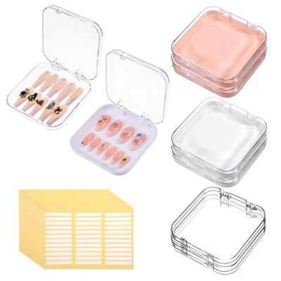 6PCS Press on Nail Packaging Boxes, Press on Nail Case with 36 PCS Adhesive Double Sided Tape for Fake Nails Storage Case Salon Supplies Nails Art Business (Clear and Pink)
