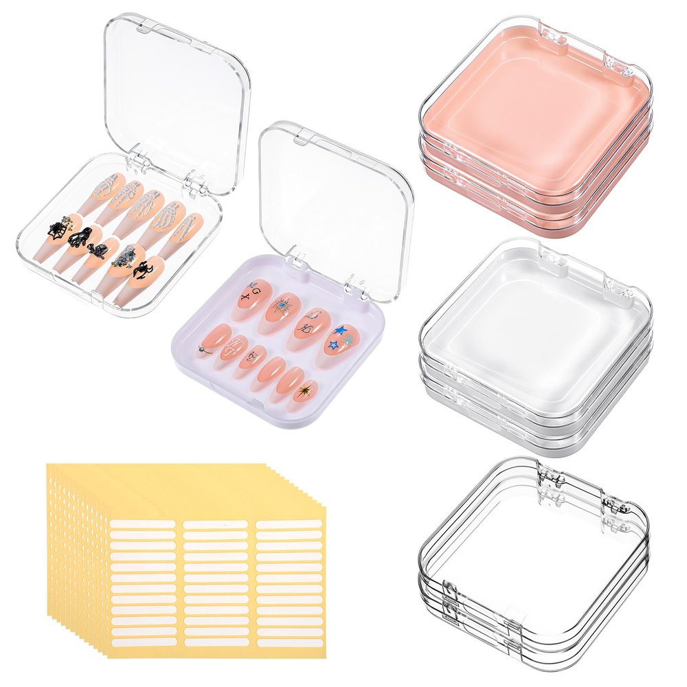 6PCS Press on Nail Packaging Boxes, Press on Nail Case with 36 PCS Adhesive Double Sided Tape for Fake Nails Storage Case Salon Supplies Nails Art Business (Clear and Pink)