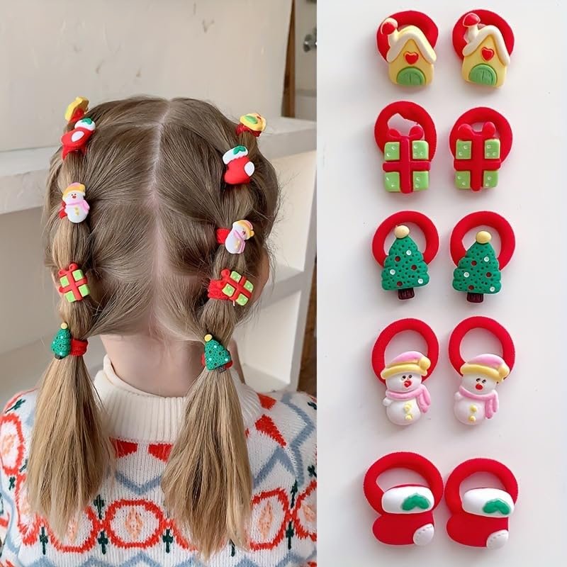 10Pcs Christmas Hair Ties for Girls, Cute Snowflake Deer Gloves Holly Leaf Bear Hair Bands Elastics Ponytail Holders, Christmas Hair Accessories Red Hair Ropes Holiday Party Favor Gifts