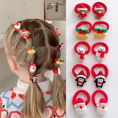 10Pcs Christmas Hair Ties for Girls,Cute Santa Claus Penguin Bell Brown White Bear Hair Bands Elastics Ponytail Holders,Christmas Hair Accessories Red Hair Ropes Holiday Party Favor Gifts