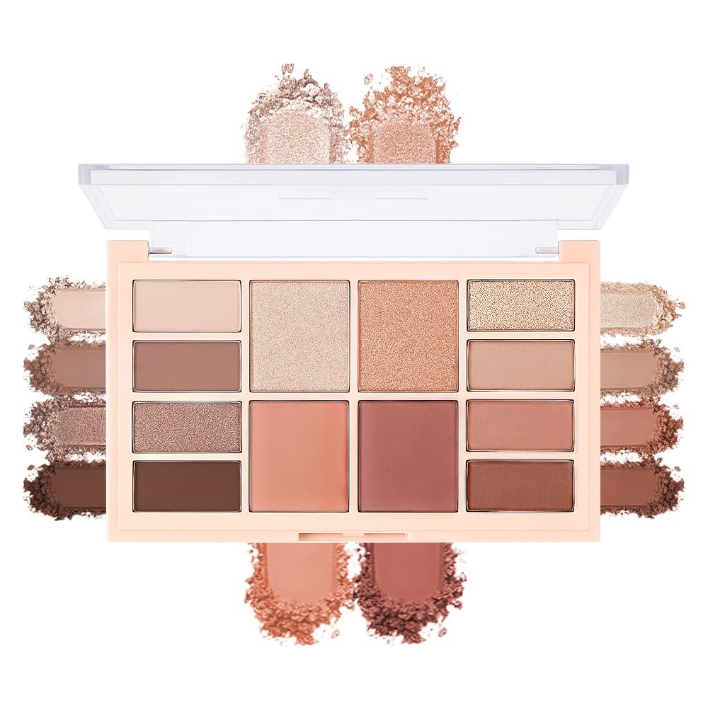 12-Color Nude Neutral Eyeshadow Palette  Matte Shimmer Glitter Warm Brown Caramel Eye Shadow Kit, High Pigment Long-Lasting Blendable Natural Soft Glam Makeup Palette for Daily Wear & Beginners