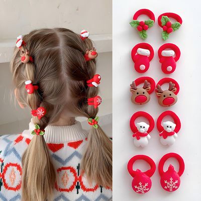 10Pcs Christmas Hair Ties for Girls Red Hair Band Snowman Snowflake Deer Gloves Holly Leaves Elastics Rubber Bands Ponytail Holder Christmas Hair Accessories for Kids Hair Ropes Holiday Party Favor