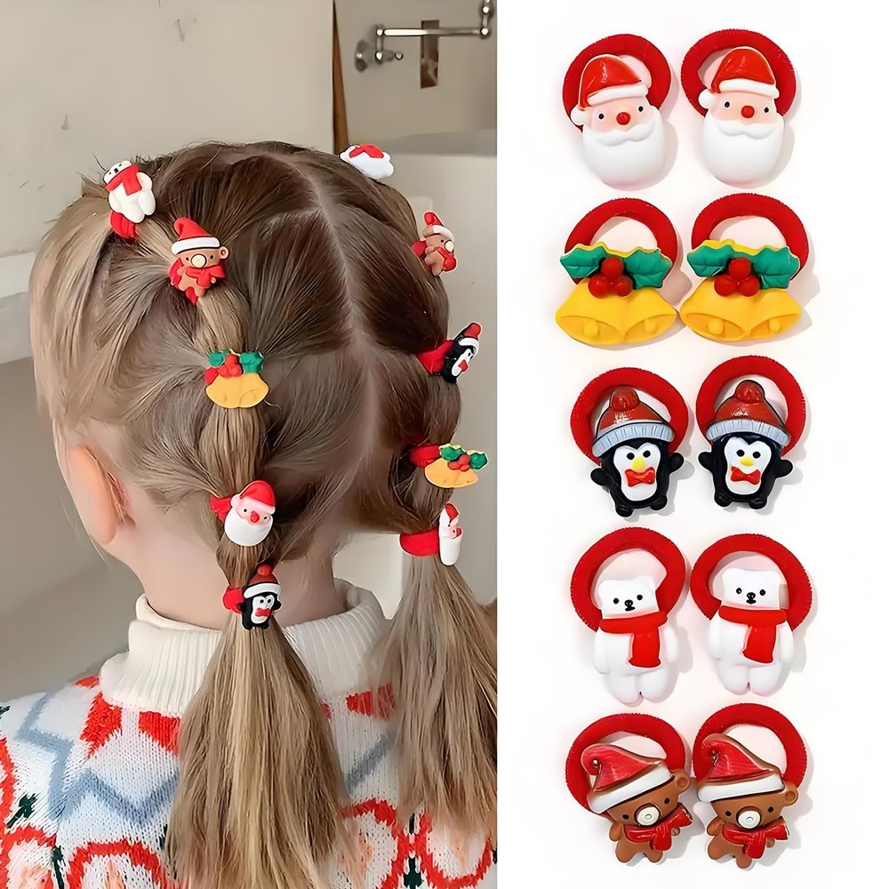 10Pcs Christmas Hair Ties for Girls Red Hair Band Santa Claus Snowman Bear Bell Penguin Elastics Rubber Bands Ponytail Holder Cute Christmas Hair Accessories for Kids Hair Ropes Holiday Party Favor