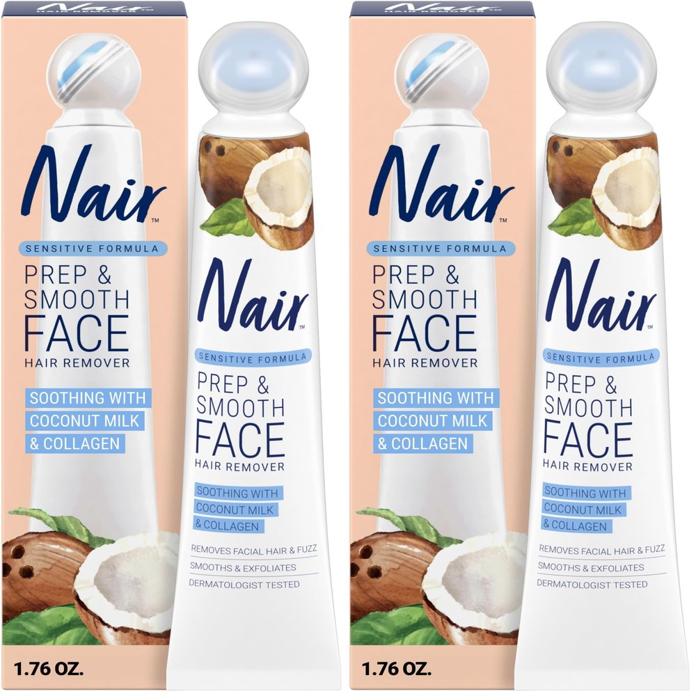 NAIR Exfoliating Facial Hair Removal Cream for Women - Smooth Skin Solution with Collagen for Sensitive Skincare (Pack of 2)