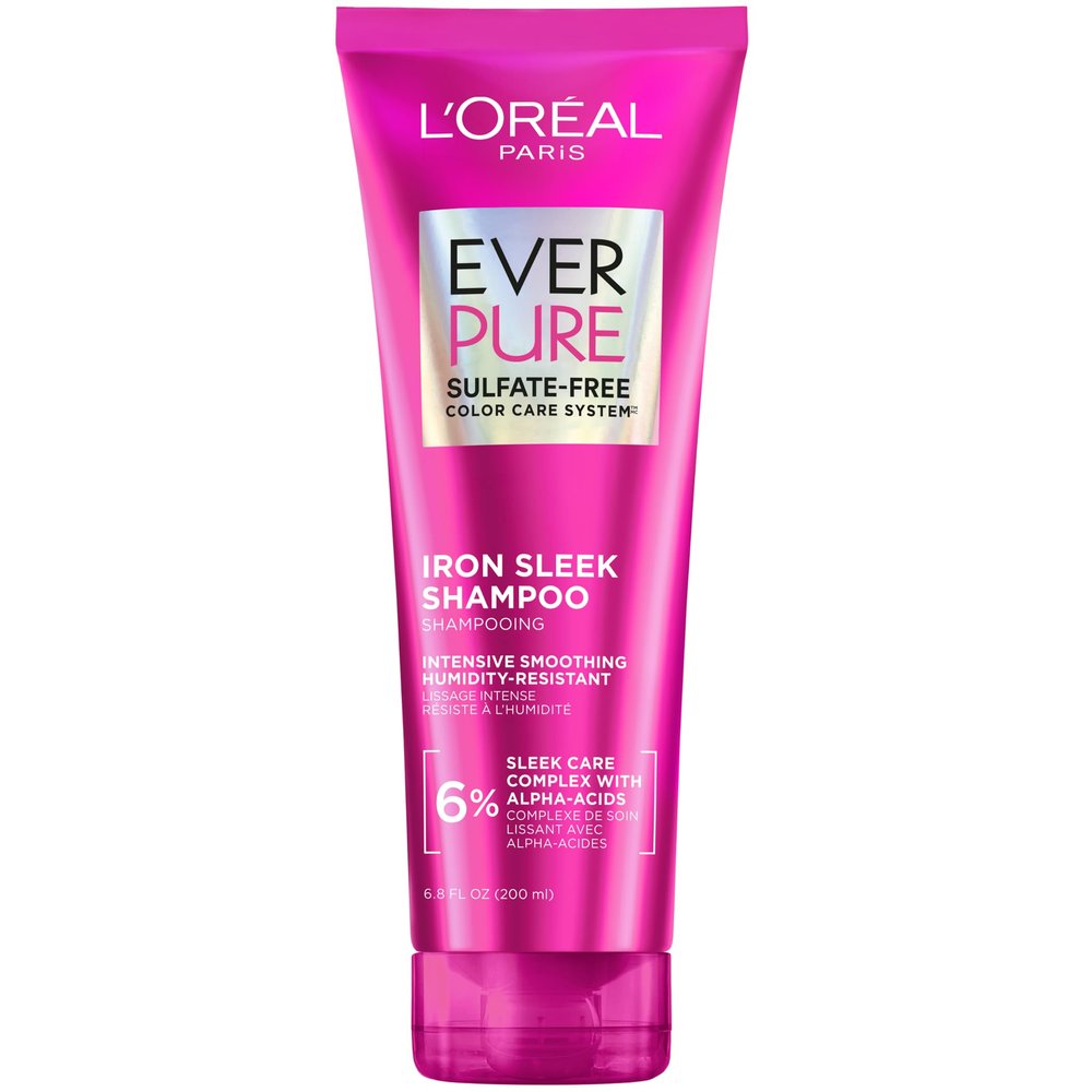 L'Oreal Paris Sulfate Free Iron Sleek Smoothing Shampoo, Frizz Control and Humidity-Resistant Formula with Alpha-Acids for Frizzy Hair, EverPure Hair Care, 6.8 Fl Oz