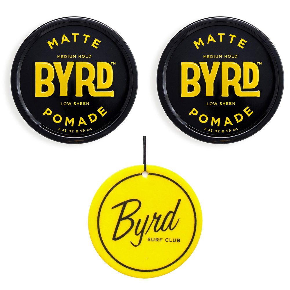 BYRD Hairdo Products Matte Pomade for Men 2-Pack - Medium Hold, Matte Finish, Add Texture & Sculpt to All Hair Types, Plus Salty Coconut Car Air Freshener with Sweet Coastal Scent, 3.35 oz Each