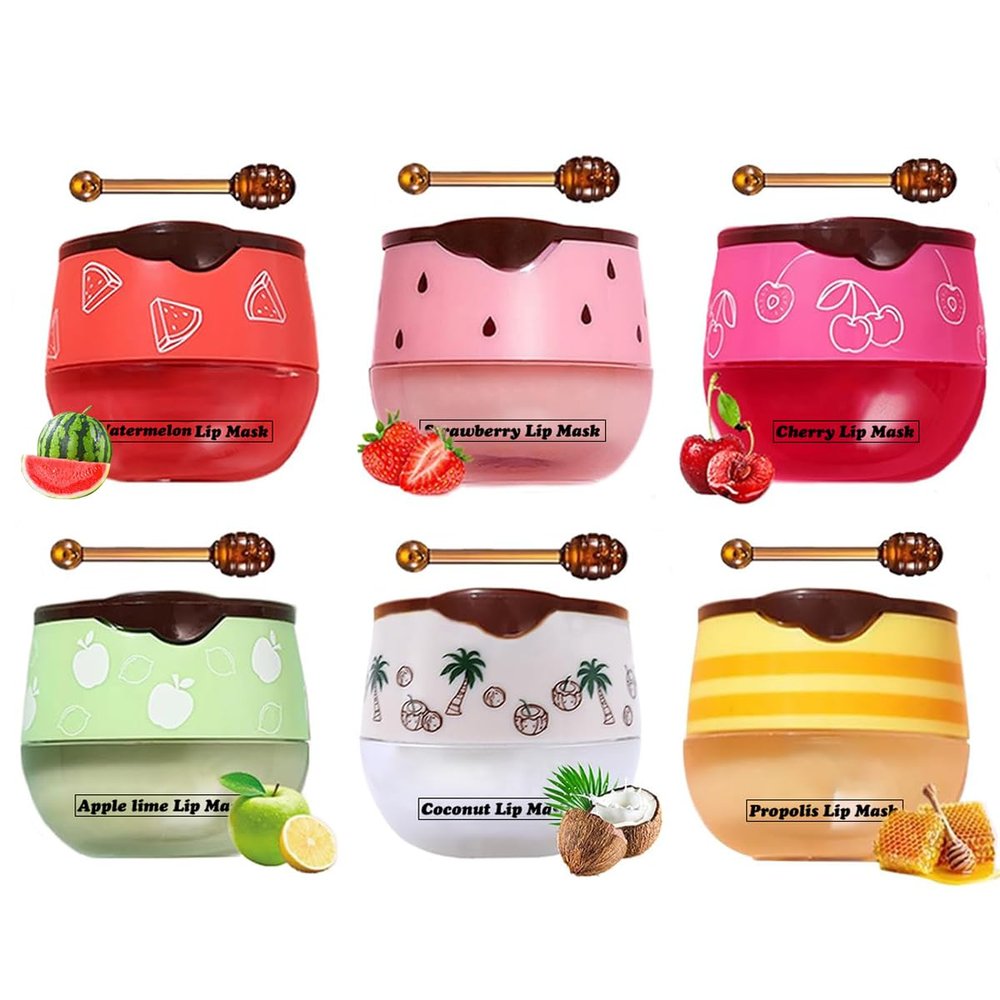 6 PCS Honey Lip Mask, Strawberry & Watermelon & Coconut & Cherry & Apple Lime Lip Sleeping Mask Propolis Moisturizing Lip Balm with Stick, Nourish Repairs And Prevents Chapped Lips (6 Flavors)