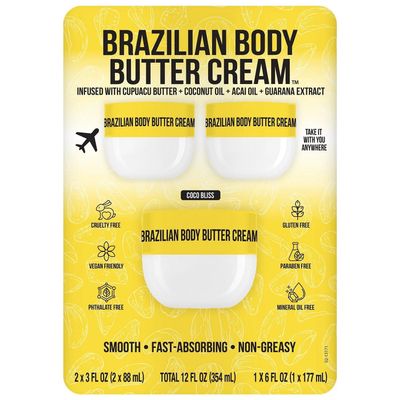 Brazilian Body Butter Cream 3-Pack Deep Hydration, Skin-Softening, Fast-Absorbing, Non-Greasy Moisturizer with Cupuau Butter (One 6 oz + Two 3 oz, 12 fl oz Total)