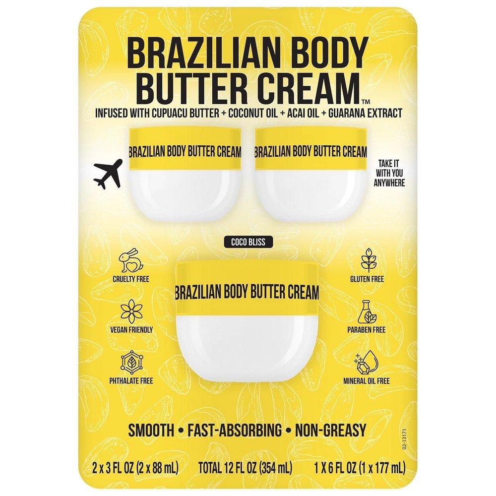 Brazilian Body Butter Cream 3-Pack Deep Hydration, Skin-Softening, Fast-Absorbing, Non-Greasy Moisturizer with Cupuau Butter (One 6 oz + Two 3 oz, 12 fl oz Total)