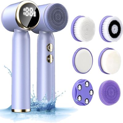6-in-1 Facial Cleansing Brush, Electric Face Scrubber with 6 Brush Heads, 3-Speed Waterproof Spin Brush, Rechargeable Face Cleaner for Dry, Oily, and Sensitive Skin (Purple)