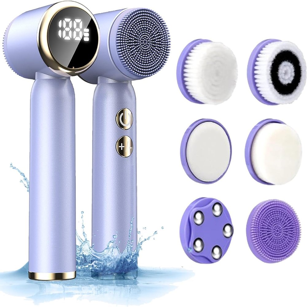 6-in-1 Facial Cleansing Brush, Electric Face Scrubber with 6 Brush Heads, 3-Speed Waterproof Spin Brush, Rechargeable Face Cleaner for Dry, Oily, and Sensitive Skin (Purple)