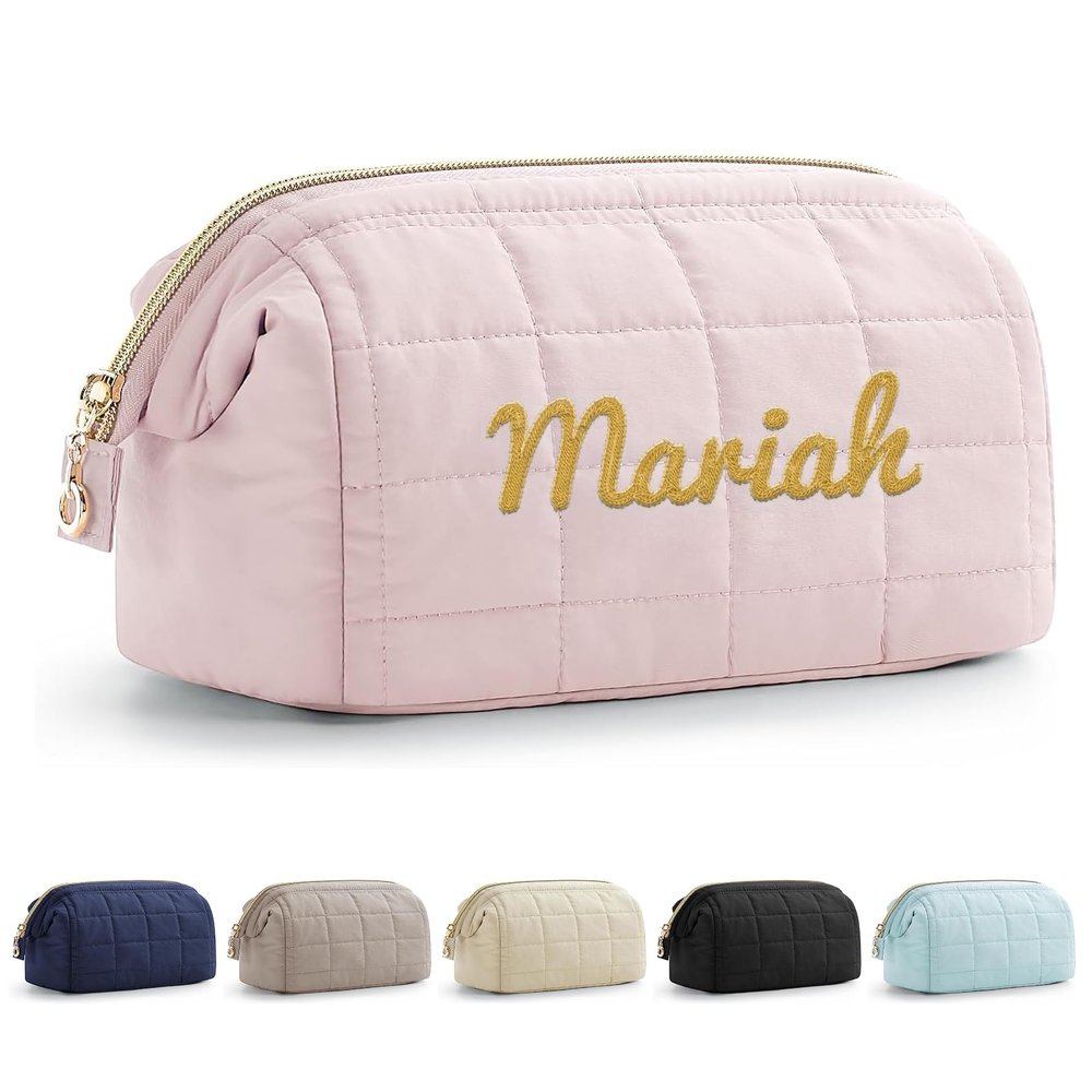 DINZHICD Personalized Toiletry Bag for Women, Customized Puffy Makeup Bag with Embroidered Name, Custom Cosmetic Travel Organizer Case, Quilted Toiletry Pouch, Christmas Gift for Women