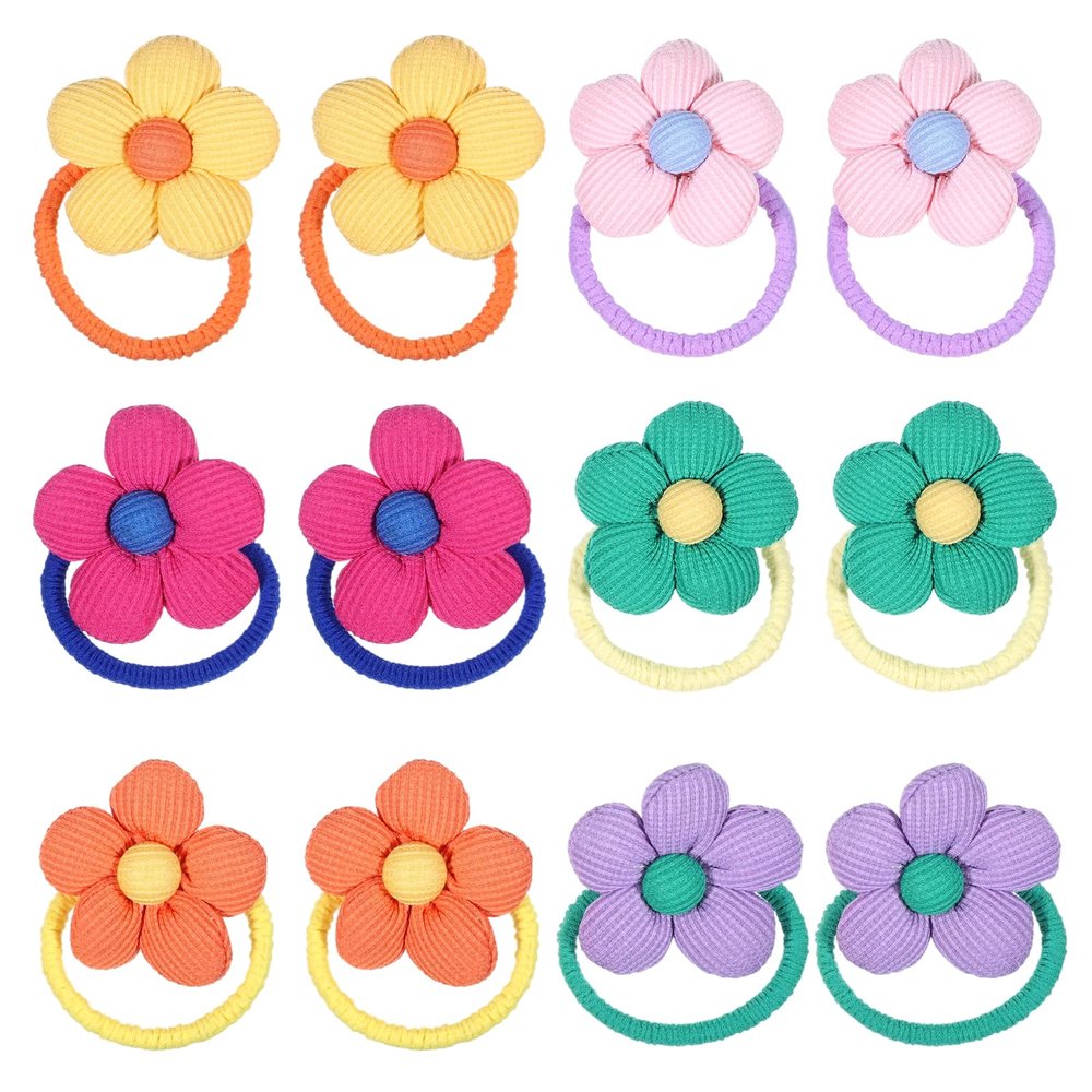 12Pcs Cute Toddler Hair Ties, Flower Hair Bands, Seamless Elastic Braided Scrunchies, Gentle Ponytail Holders, 6 Colors Pink Purple Green Rose Yellow Orange for Girls Thick Thin Hair