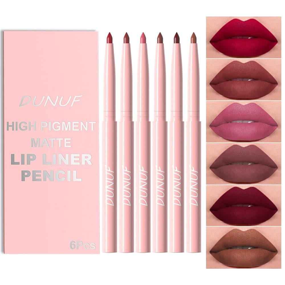 KIMIEYE 6 Colors Retractable Lip Liner Kit for Define & Sculpting Lips Shades, Long Lasting Waterproof High Pigment Matte Finish Creamy Texture Lip Liner Pencil Set for Women, #02