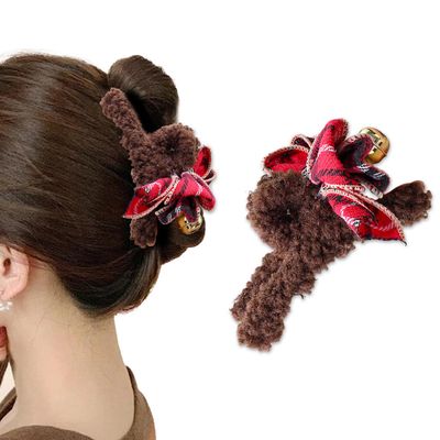 1Pcs Christmas Hair Claw Clips Xmas Bow Bell Design Cute Claw Clips for Women Strong Hold Nonslip Plush Christmas Hair Clip Khaki Fall Winter Hair Accessories Bow Hair Barrette for Thick Thin Hair