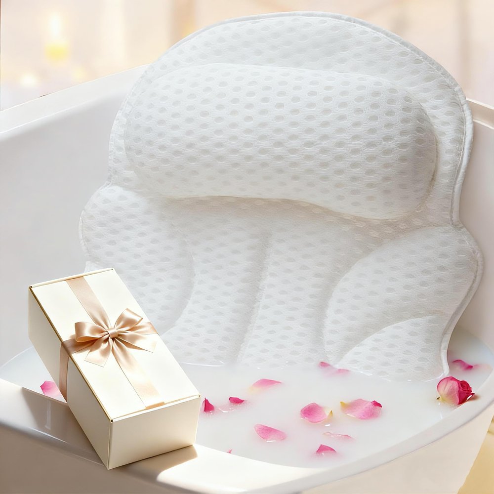 Bath Pillows for Tub with Gift Box & Laundry Bag  4D Air Mesh Bathtub Pillow with Extended Wings, Shoulder Coverage, Spine-Line Support & 6 Non-Slip Suction Cups  Relaxing Gift for Women & Mom