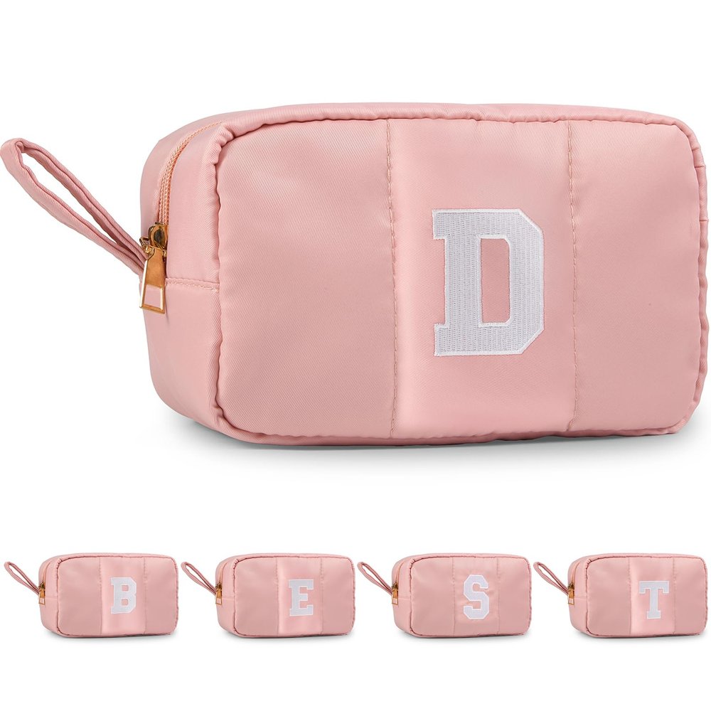 Puffy Makeup Bag for Women, Initial Cosmetic Bag, Cute Travel Toiletry Bag, Puffer Make Up Organizer Bags with Compartments, Personalized Gifts for Girlfriend Bridesmaid Teacher Graduation (Pink, D)