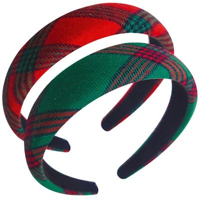 Jeorywoet 2Pcs Plaid Headband for Women, Red & Green Christmas Fabric Free Size Checkered Headband for Christmas Season Gifts