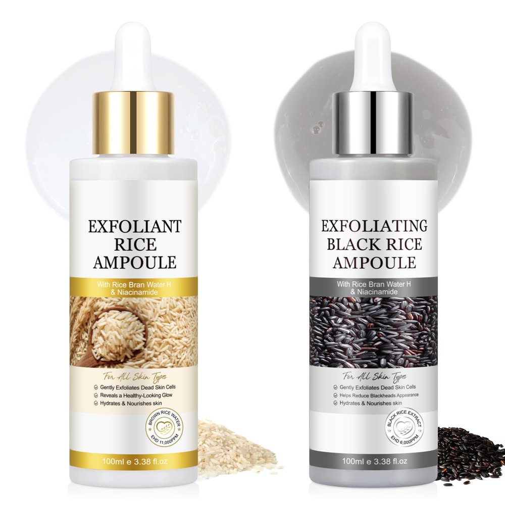 Black Rice Exfoliant and White Rice Peeling Glow Ampoule 100ml, 2 PCS White & Black Rice Facial Serum, Soft Exfoliating Face and Body Dead Skin Cells for All Skin Types