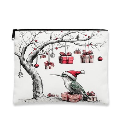 Christmas Hummingbird Makeup Bag, Vintage Tree Holiday Cosmetic Pouch for Women, Portable Canvas Zipper Organizer, Winter Skincare Toiletry Bag 7x9 Inch