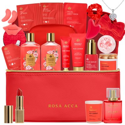 25 Pcs Mother's Day Gift, Red Rose Bath & Body Gift Basket Set for Women, Hydrating Skin Care Set, Home Spa Self Care Gifts, Cosmetic Bag, Necklace, Christmas, Birthday, Anniversary