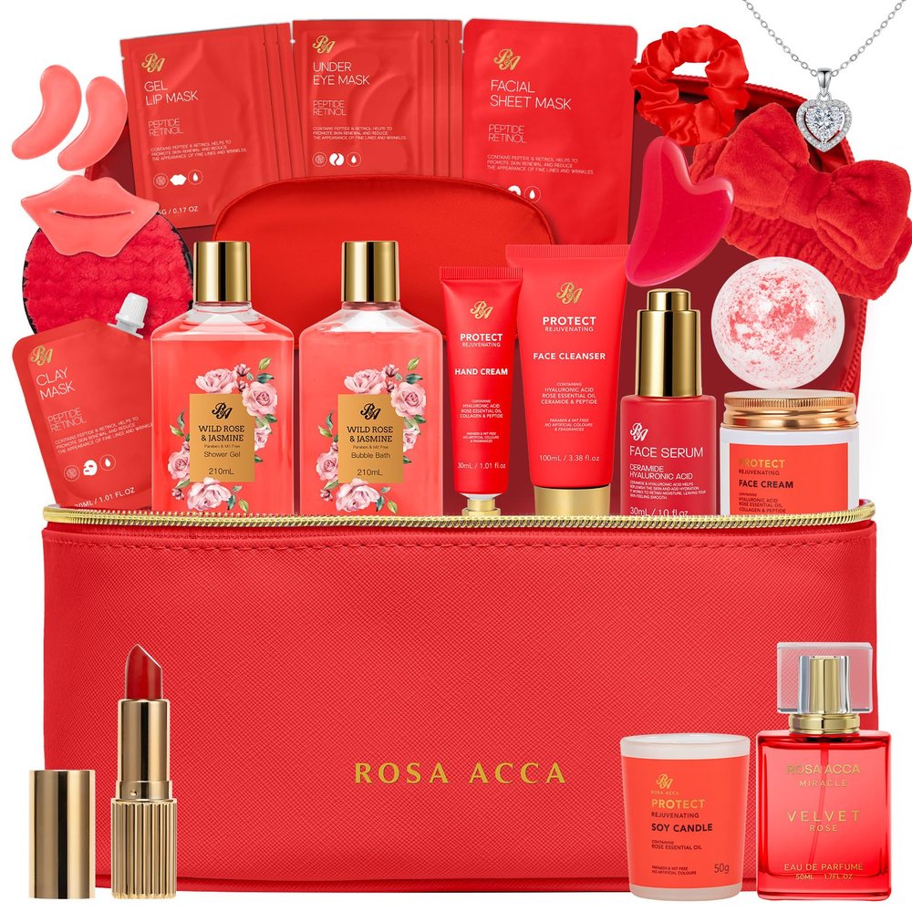 25 Pcs Mother's Day Gift, Red Rose Bath & Body Gift Basket Set for Women, Hydrating Skin Care Set, Home Spa Self Care Gifts, Cosmetic Bag, Necklace, Christmas, Birthday, Anniversary