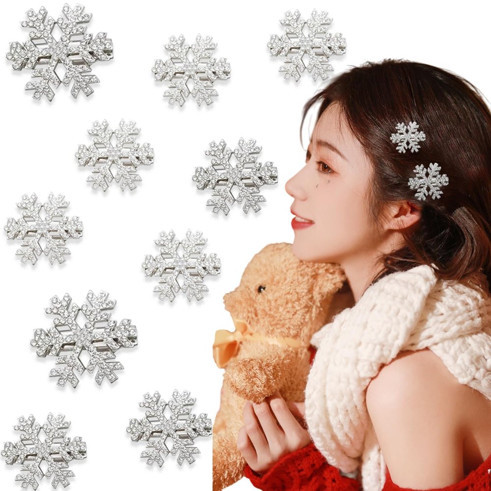 10Pcs Christmas Hair Clips Sparkly Rhinestone Snowflake Hair Clops Cute Xmas Hair Barrettes Silver Alligator Clips Holiday Decorations Hair Pins for Winter Festival Party Supplies Party Favours