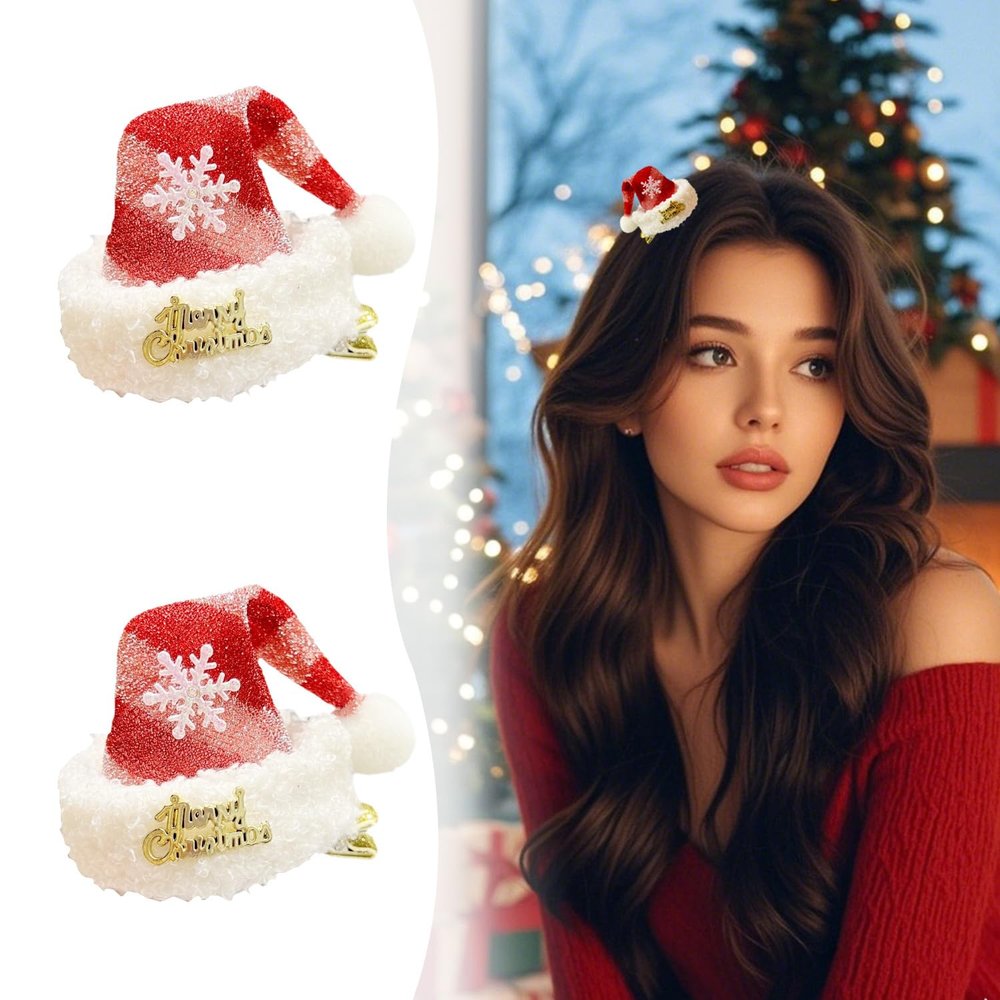 2Pcs Christmas Hair Clips Mini Christmas Hat Hair Clips with White Snowflake Cute Alligator Clips Hair Accessories Xmas Winter Claw Clip for Women Xmas Holiday Party Supplies and New Year Gifting