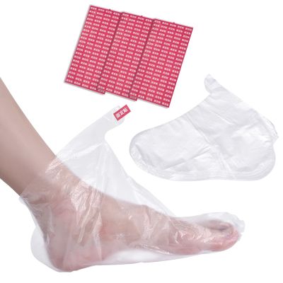 siyuwuro 100Pcs Plastic Foot Covers Leak-Proof No-Slip Foot Mask Socks Bags Disposable Paraffin Wax Bath Liners, with 100 Stickers for Moisturizing Pedicure Care at Home, Spa, Beauty Salon (300Pcs)