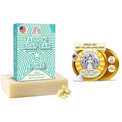 Beef Tallow Sunscreen SPF 30 & Grass Fed Tallow Soap Bar Set  Organic Zinc Oxide Sunblock + Unscented Natural Soap for Sensitive Skin  Chemical Free, Moisturizing Skincare Duo, Made in USA