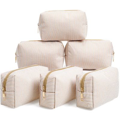 Sanwuta 6 Pcs Seersucker Cosmetic Bags Bulk, Striped Zippered,Khaki