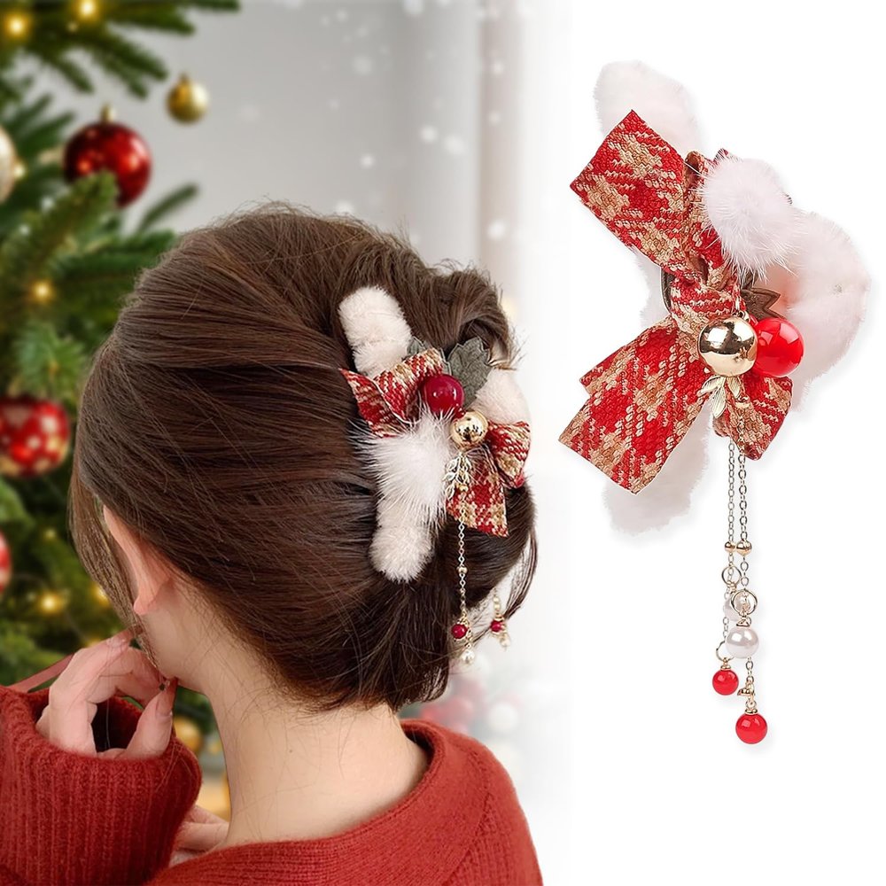 1Pcs Christmas Hair Bow Clips for Women Xmas Winter Claw Clips with Plush Bow Tassel Design New Year Hair Accessories for Thick Thin Long Hair, Cute Claw Clips Holiday Non-Slip Shark Clips