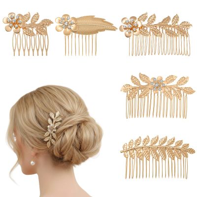 6pcs Leaf Hair Side Combs Gold Rhinestone Hair Comb Clips French Twist Hairs Slide Comb with Teeth Wedding Headpiece for Women Bride Bridesmaid Christmas Party Prom Dance Accessories