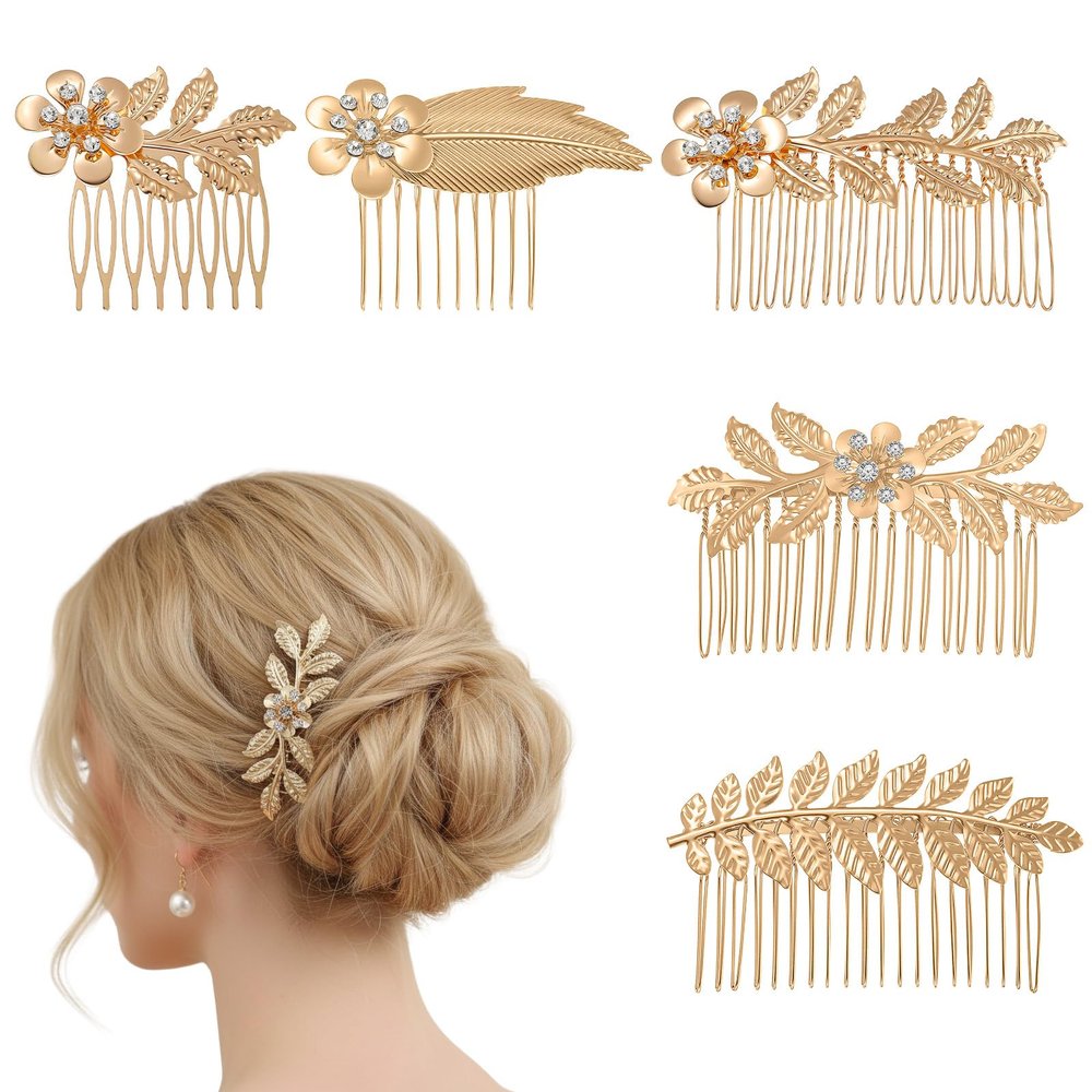 6pcs Leaf Hair Side Combs Gold Rhinestone Hair Comb Clips French Twist Hairs Slide Comb with Teeth Wedding Headpiece for Women Bride Bridesmaid Christmas Party Prom Dance Accessories