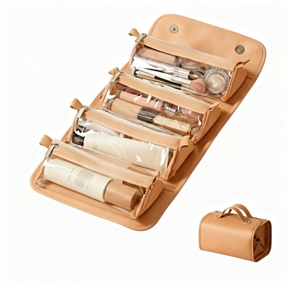 4-in-1 Detachable Roll Up Travel Makeup Bag for Women, Large Capacity Waterproof Cosmetic Organizer with 4 Clear Pouches & Hanging HookWaterproof leather material (khaki)