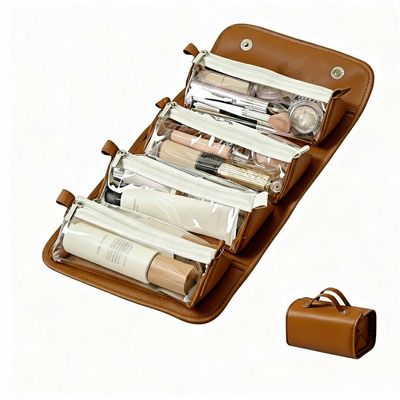 4-in-1 Detachable Roll Up Travel Makeup Bag for Women, Large Capacity Waterproof Cosmetic Organizer with 4 Clear Pouches & Hanging HookWaterproof leather material (brown)