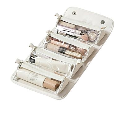 4-in-1 Detachable Roll Up Travel Makeup Bag for Women, Large Capacity Waterproof Cosmetic Organizer with 4 Clear Pouches & Hanging HookWaterproof leather material (beige)