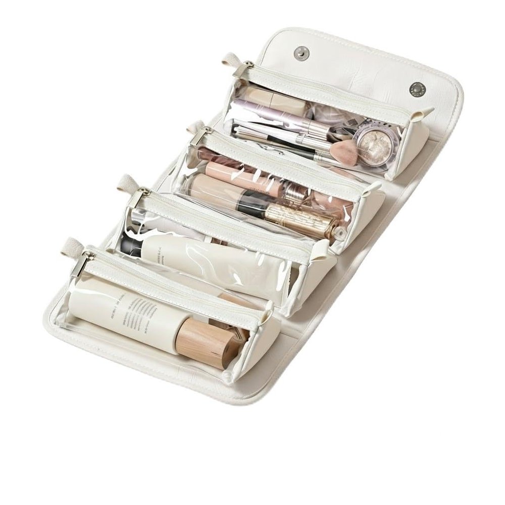 4-in-1 Detachable Roll Up Travel Makeup Bag for Women, Large Capacity Waterproof Cosmetic Organizer with 4 Clear Pouches & Hanging HookWaterproof leather material (beige)