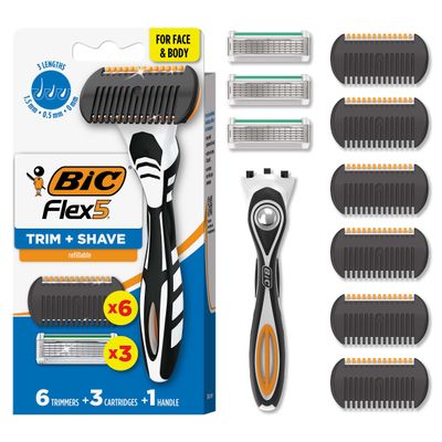 BIC Flex 5 Trim and Shave Body and Beard Trimmer for Men, 5 Blades, 3-in-1 Grooming Kit, 1 Handle, 3 Razor Refills, 6 Trimmers, No Batteries Needed