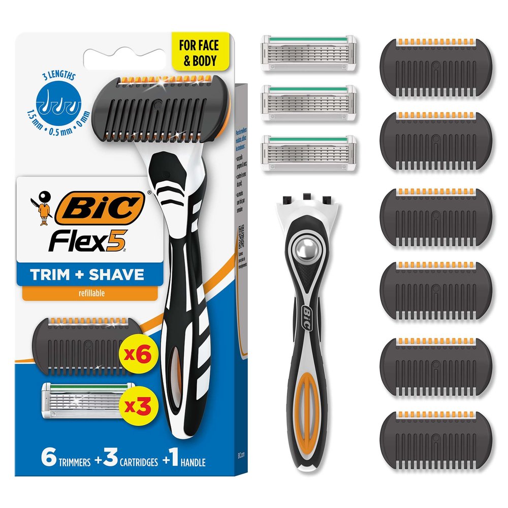 BIC Flex 5 Trim and Shave Body and Beard Trimmer for Men, 5 Blades, 3-in-1 Grooming Kit, 1 Handle, 3 Razor Refills, 6 Trimmers, No Batteries Needed