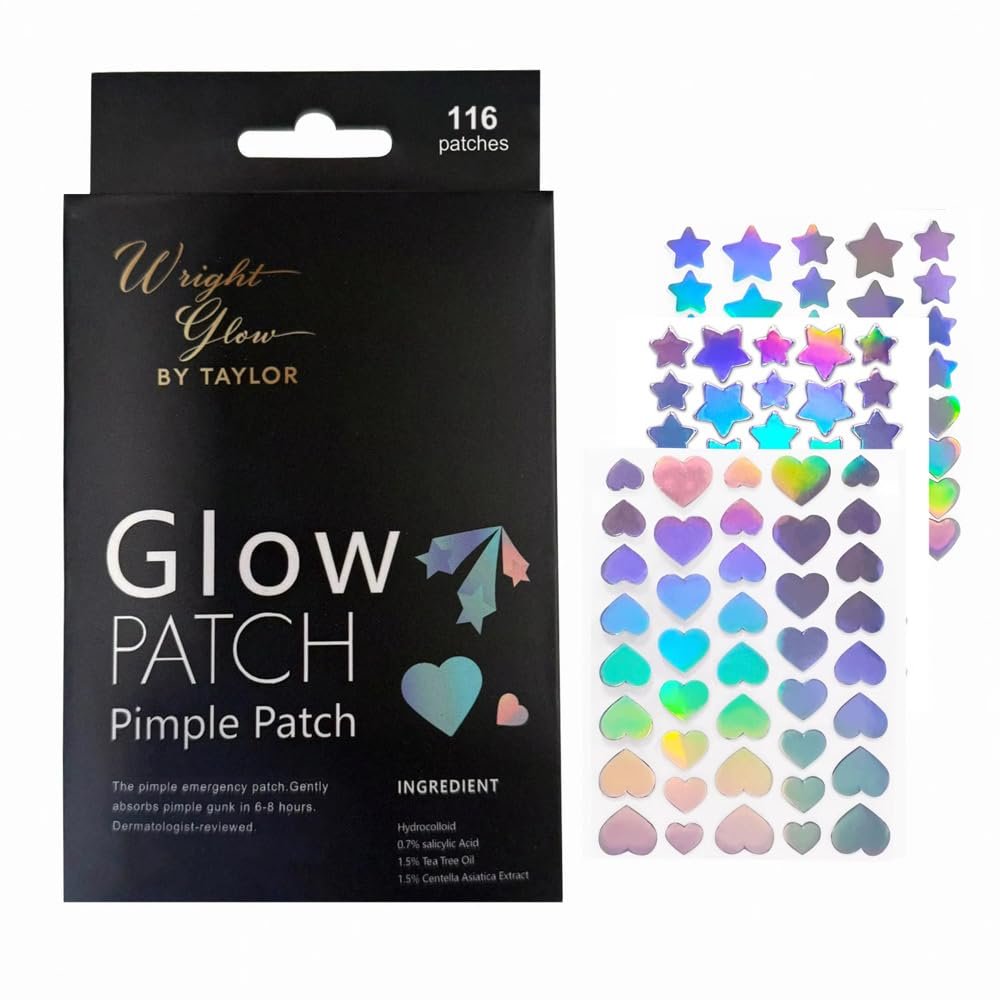 Wright Glow By Taylor Overnight Pimple Fix Patches  Natural Ingredients, Star & HeartShaped Hydrocolloid Stickers, Dual Size 6785mm & 6698mm, 116 Patches for Clear, Confident Skin