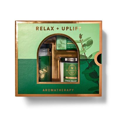 Bath and Body 3-Piece Eucalyptus Spearmint Aromatherapy Gift Box Set - Single Wick Candle, Shea Butter Cleansing Bar, Shower Steamers - Arranged in Decorative Gift Box