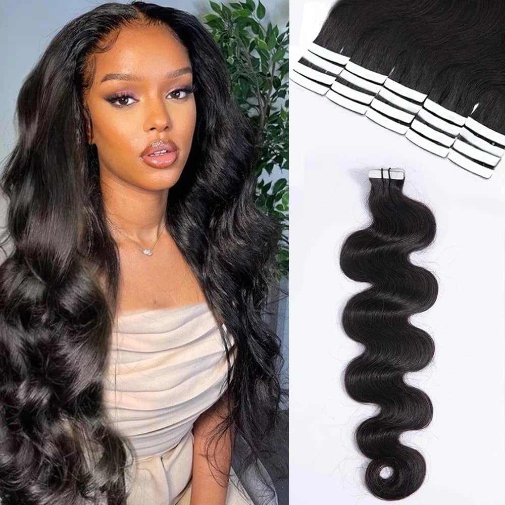 40Pcs 100G Body Wave Tape In Human Hair Extensions Seamless Skin Weft Tape Ins 100% Human Hair Wavy Tape In Hair Extensions Double Sided Tape for Skin Weft Hair Extension 30Inch