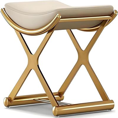 IPHR Luxury Modern Vanity Stool with Gold X-Frame Metal Legs, Cream Leather Ottoman Bench Seat for Bathroom, Living Room, Makeup, 17.72 x 14.96 inches (Gold)