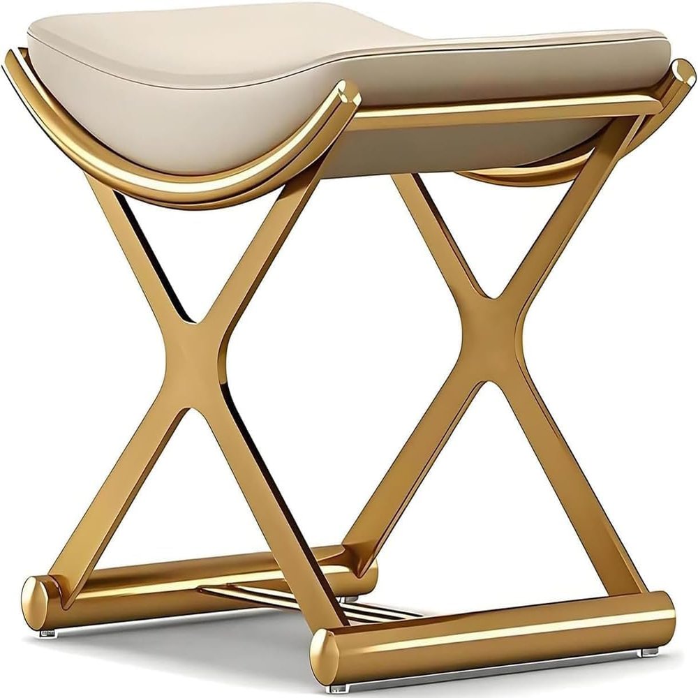 IPHR Luxury Modern Vanity Stool with Gold X-Frame Metal Legs, Cream Leather Ottoman Bench Seat for Bathroom, Living Room, Makeup, 17.72 x 14.96 inches (Gold)