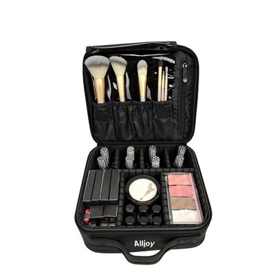 Alljoy Travel Makeup Bag, Portable Cosmetic Train Case Organizer with Adjustable Dividers, Large Capacity Professional Makeup Storage for Brushes, Toiletry, Jewelry, and Accessories (Black)