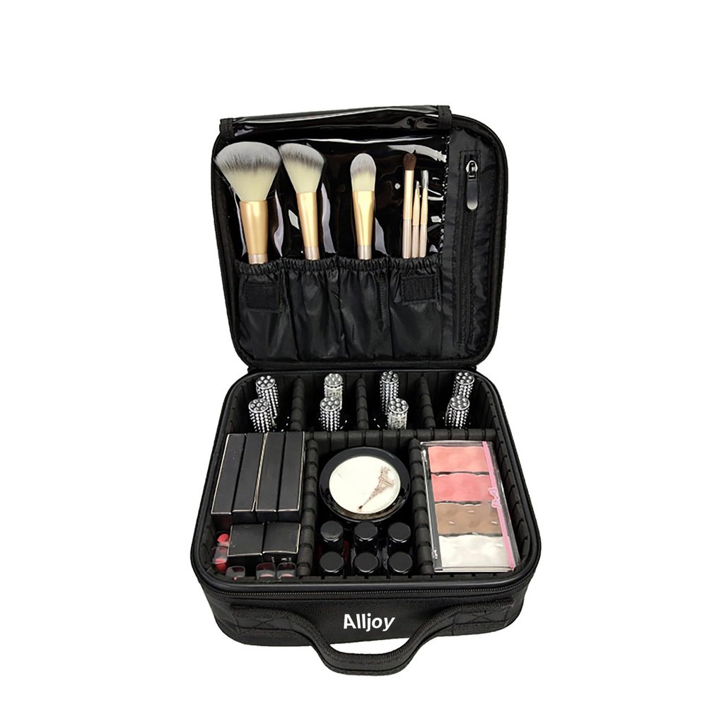 Alljoy Travel Makeup Bag, Portable Cosmetic Train Case Organizer with Adjustable Dividers, Large Capacity Professional Makeup Storage for Brushes, Toiletry, Jewelry, and Accessories (Black)