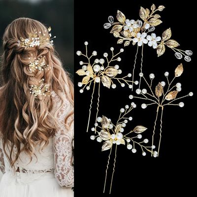 Bridal Wedding Hair Pins - 4 Pieces Gold Leaf Crystal Pearl Flower Clips | Vintage Hair Accessories for Brides, Bridesmaids & Women (Gorgeous)